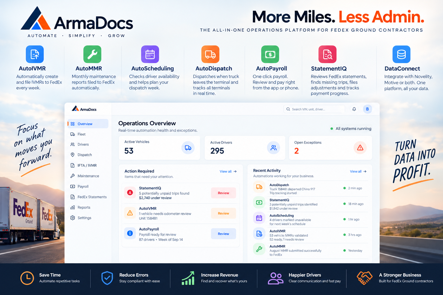ArmaDocs in action — automation overview, operations dashboard, and FedEx trucks on the highway