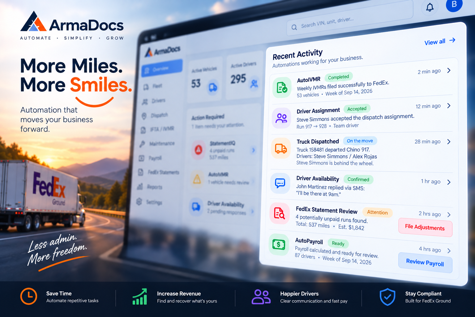 ArmaDocs automations in action — recent activity, dispatch, and payroll handled automatically